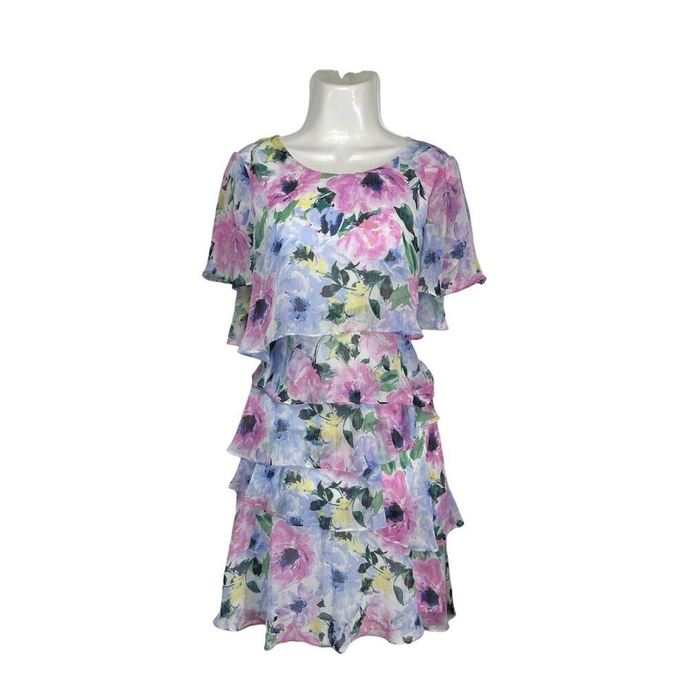 Jessica Howard Tiered Ruffle Dress Size 10 Pastel Watercolor Floral Party